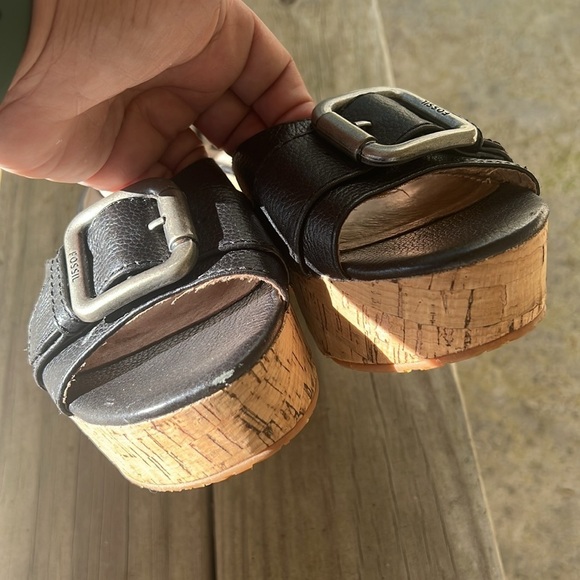 Fossil Black Cork Wedge Platform Sandals Size 9.5 Leather Buckle Slide Shoes - Picture 3 of 10